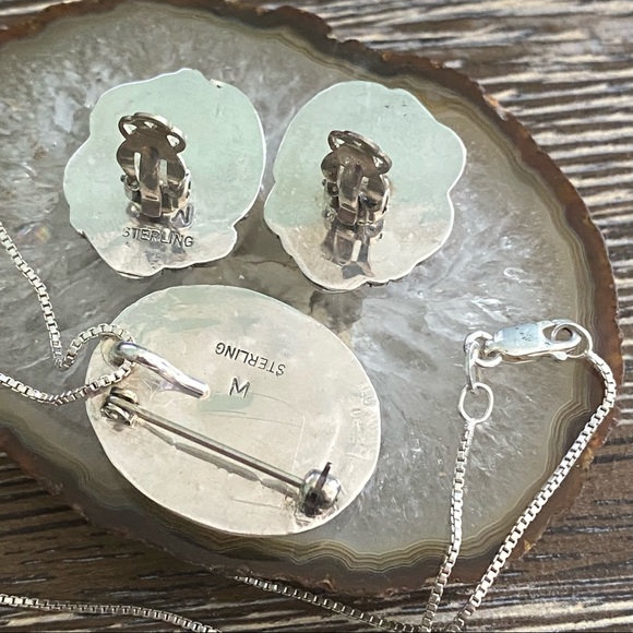 Vintage Pink Shell clip earrings & pin/necklace  Sterling 925 signed - Picture 6 of 11